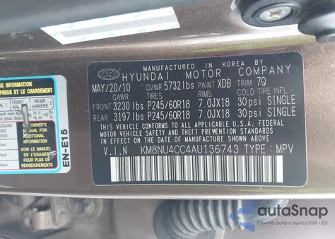 2010 Hyundai Veracruz Limited from USA, damaged, VIN KM8NU4CC4AU136743